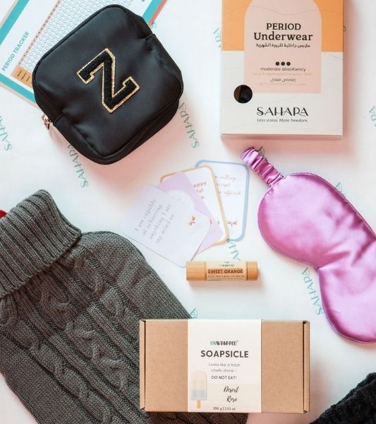 Collection of items in Sahara first period gift box