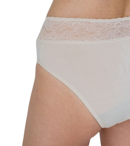 Sahara beige lace bikini period pants with moderate absorbency and elegant trim. Back view. 