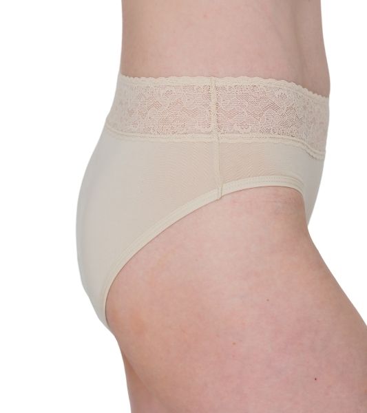 Side view of Sahara beige lace period pants bikini style with delicate trim