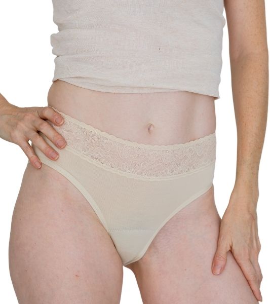 Front view of Sahara nude beige lace period panty bikini style with delicate trim