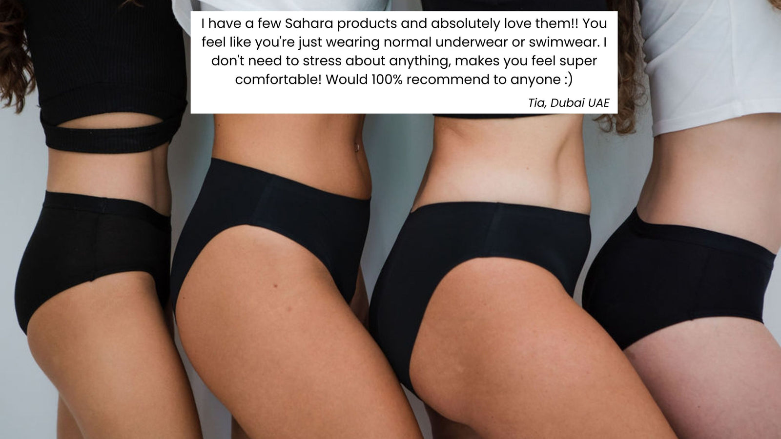 Black Sahara period pants worn by four people with a positive review text overlay.