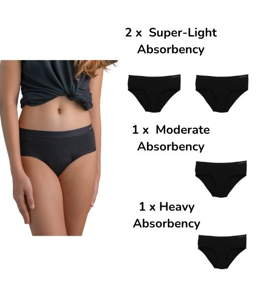 Teen first period pack featuring Sahara super light, moderate and heavy absorbency period pants