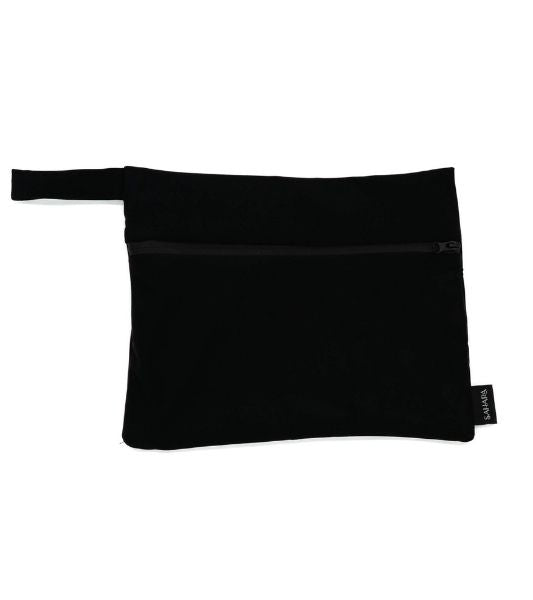 Black waterproof wet bag for Sahara period underwear with dual compartments