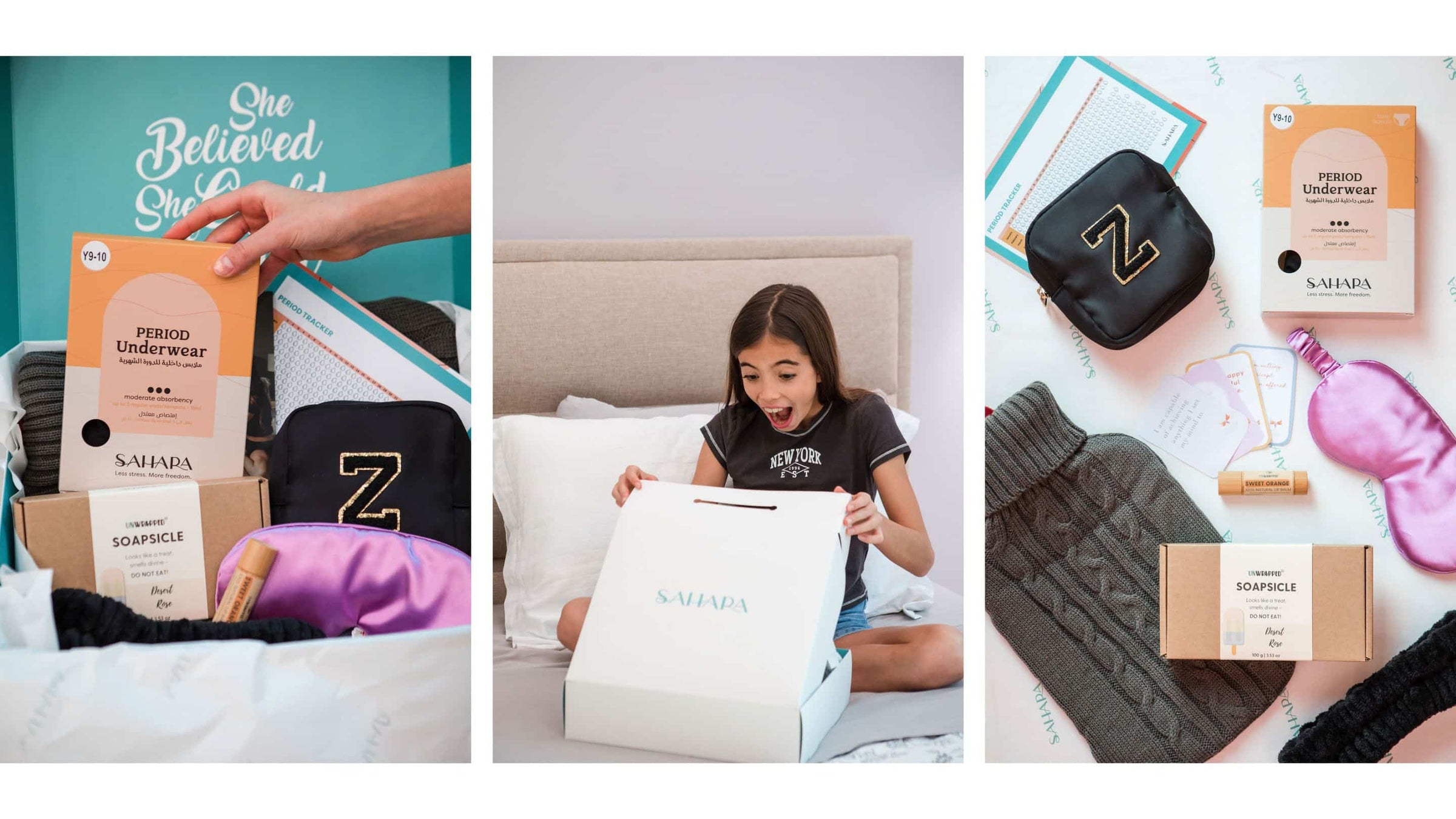 3 images showing a Sahara Puberty box of products, a girl opening a box, and various items inc Sahara Teen Period Pants