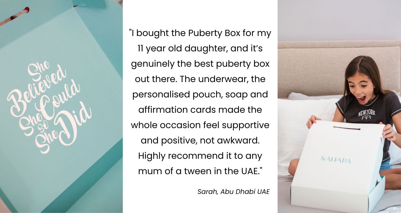 Puberty box packaging with a quote and a girl opening the gift box.