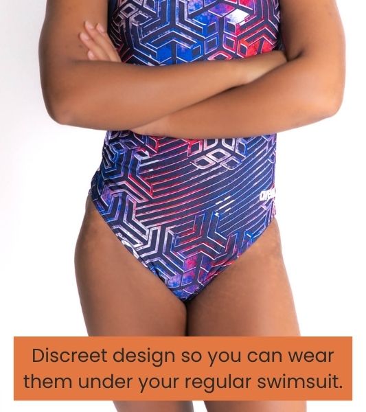 Teen wearing Sahara period swimmers under regular one-piece. 