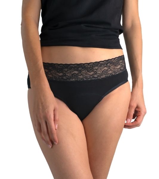 Front view of Sahara lace hi-waisted period underwear showing coverage and design