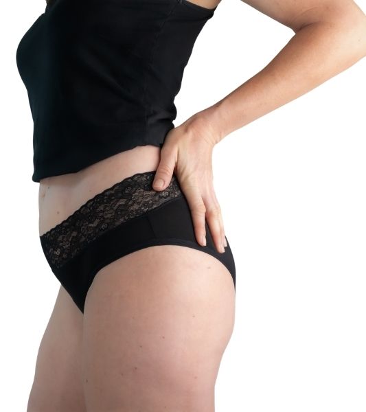Side view of Sahara lace hi-waisted period underwear showing flattering fit