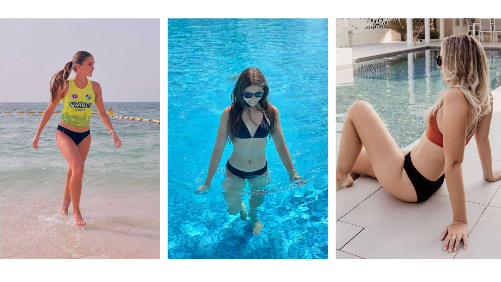 Three images of women in Sahara Period Swimwear: one on a beach, one in a pool, and one by a poolside.