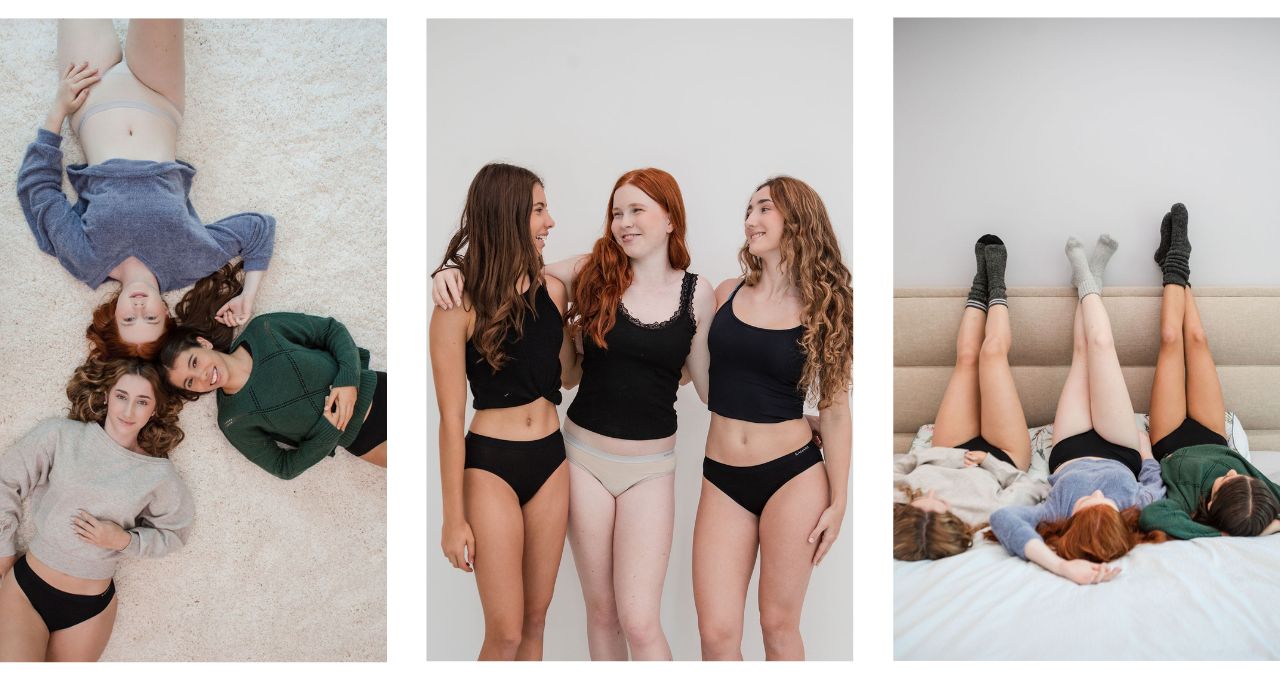 Three side-by-side images of teens in Sahara teen period pants, black and beige