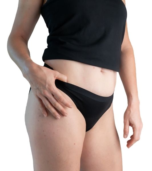 Side view of Sahara moderate absorbency bikini period pants showing low-rise cut
