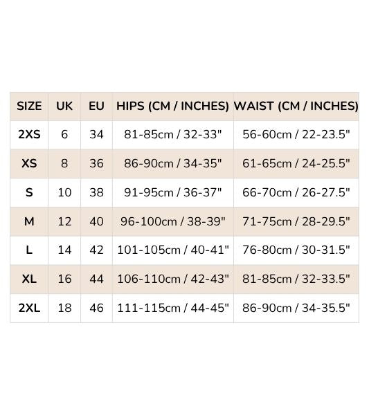 Women Sahara period pants size guide chart showing measurements in cm and inches