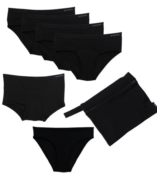 Complete teen period underwear bundle showing all absorbency levels and accessories