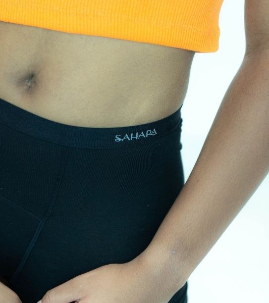 Black teen boyshort period pants front view close up showing coverage