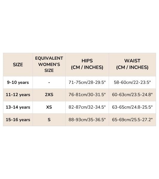 Teen period pants size guide chart showing hip and waist measurements