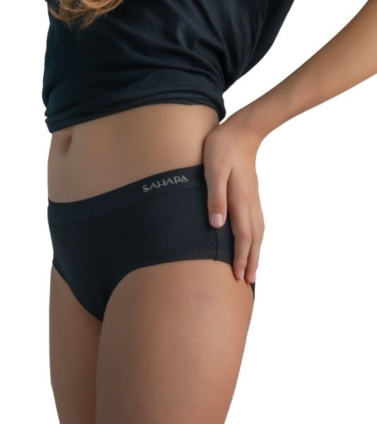 Black teen boyleg period pants side view - moderate flow