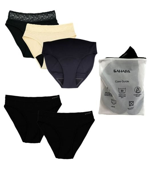 Women's period pants bundle set with 5 pairs and laundry bag - day and night protection
